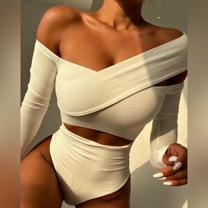 Naked Wardrobe Extra Cold Shoulder Bodysuit White